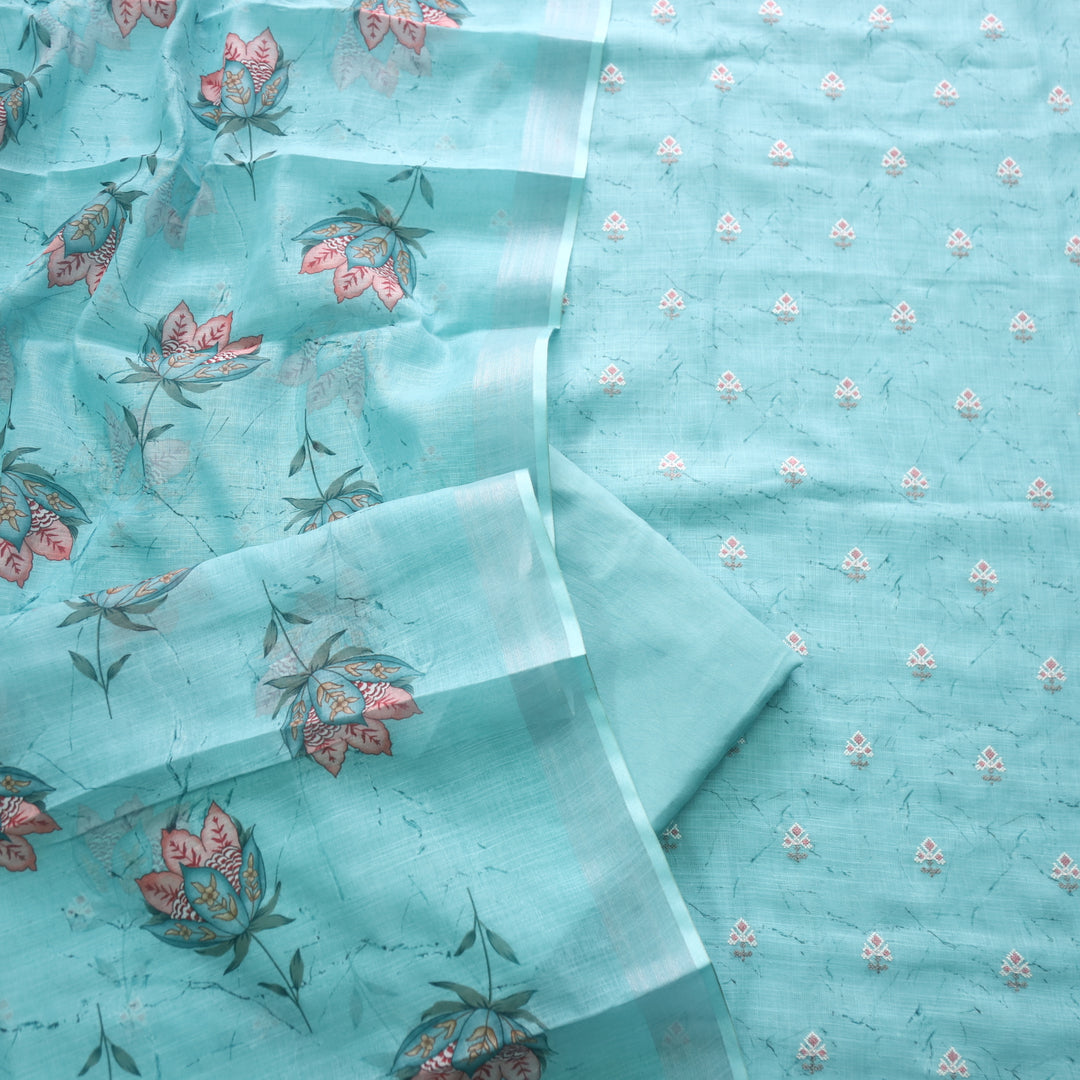 Parchaayi Aqua Blue Cross Stitch Floral Work Cotton Linen Suit Set