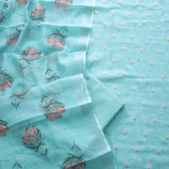 Parchaayi Aqua Blue Cross Stitch Floral Work Cotton Linen Suit Set