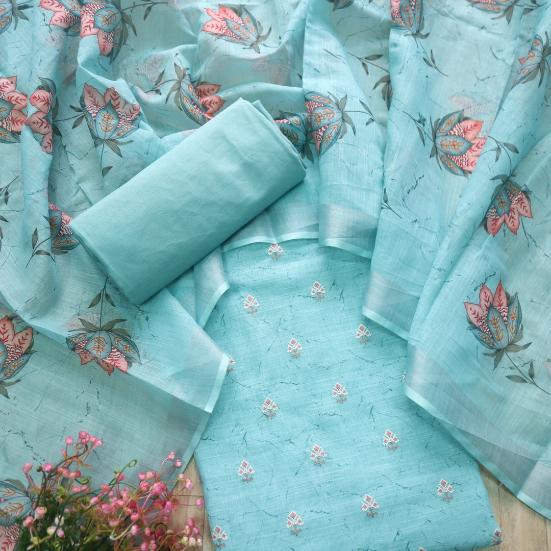 Parchaayi Aqua Blue Cross Stitch Floral Work Cotton Linen Suit Set