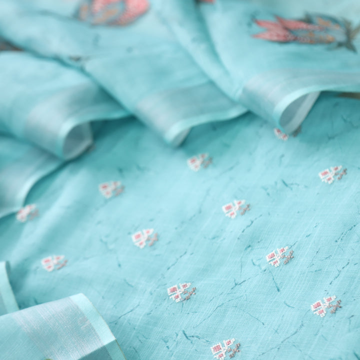Parchaayi Aqua Blue Cross Stitch Floral Work Cotton Linen Suit Set