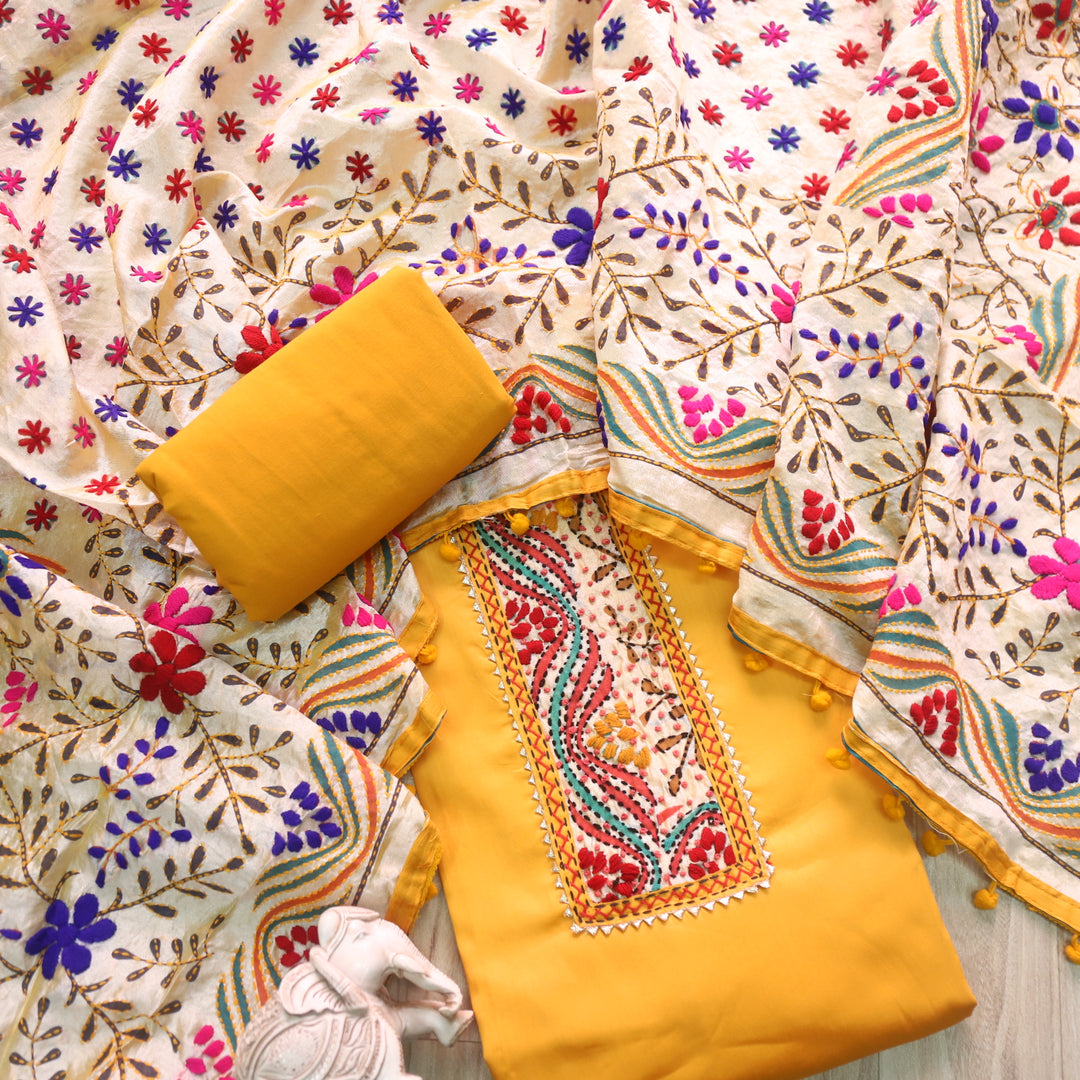Farishta Dijon Yellow Glazed Cotton Top With Art Silk Dupatta-D2