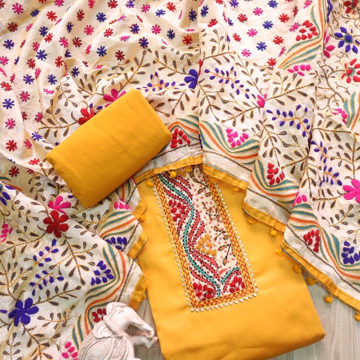 Farishta Dijon Yellow Glazed Cotton Top With Art Silk Dupatta-D2