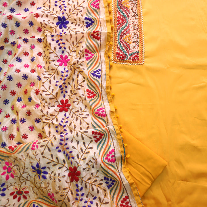 Farishta Dijon Yellow Glazed Cotton Top With Art Silk Dupatta-D2