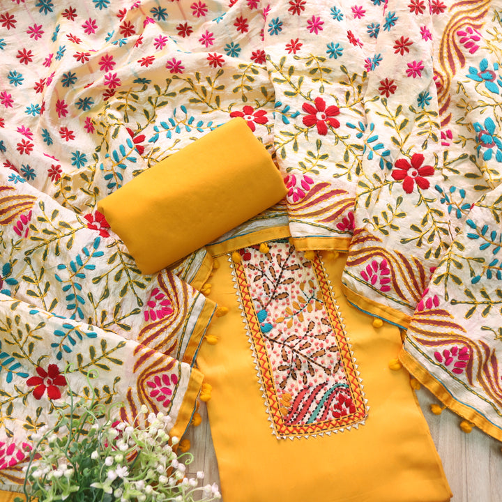Farishta Dijon Yellow Glazed Cotton Top With Art Silk Dupatta