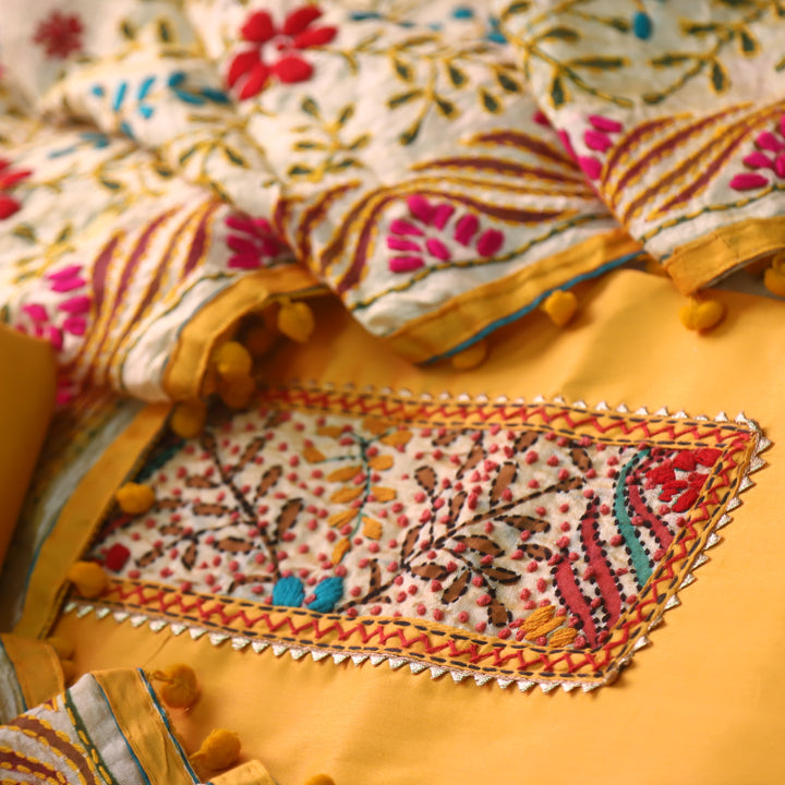 Farishta Dijon Yellow Glazed Cotton Top With Art Silk Dupatta