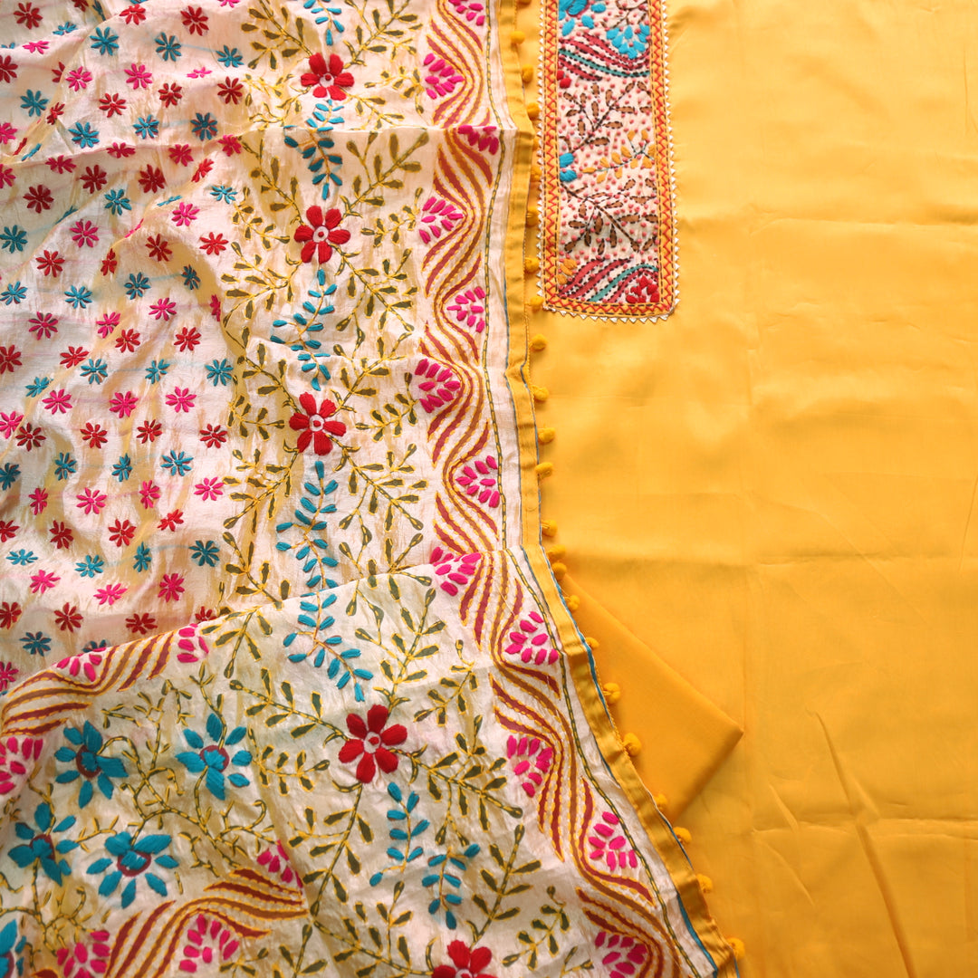 Farishta Dijon Yellow Glazed Cotton Top With Art Silk Dupatta