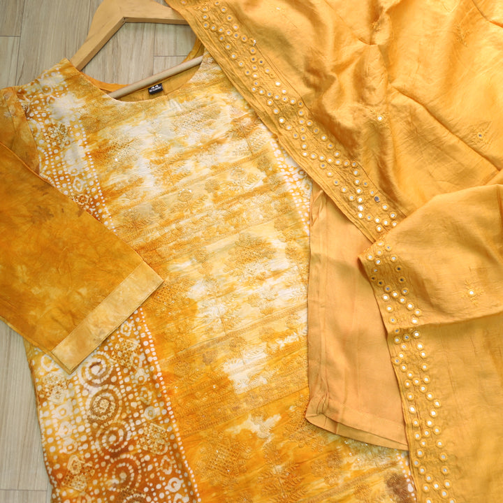 Gold yellow Thread work Cotton 3 piece set