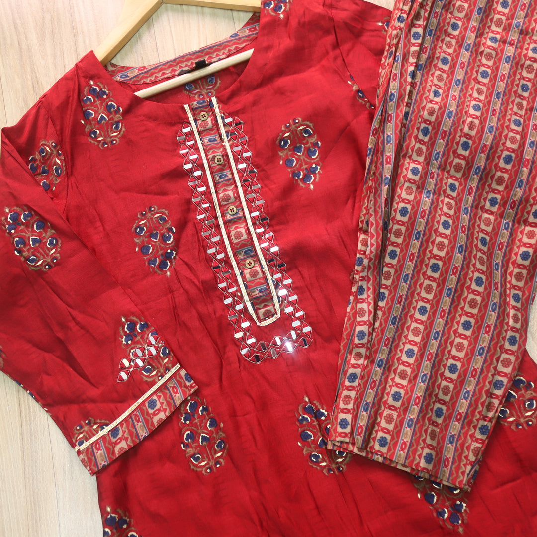 Cherry Red Printed with Mirror Work Muslin 2 Piece Set