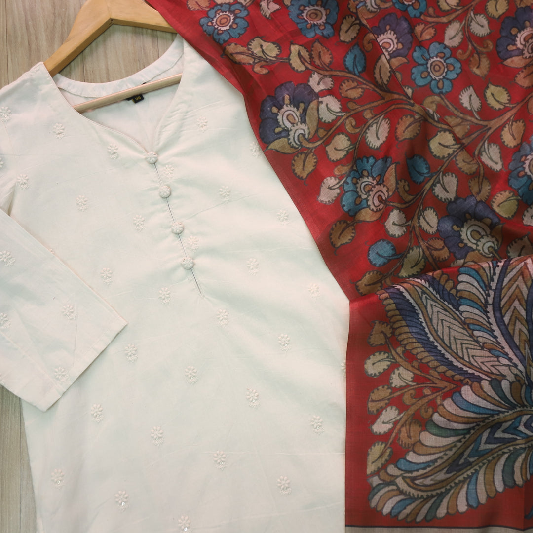 Cream White Cotton Top With Barn Red Kalamkari Dupatta 2 Piece set