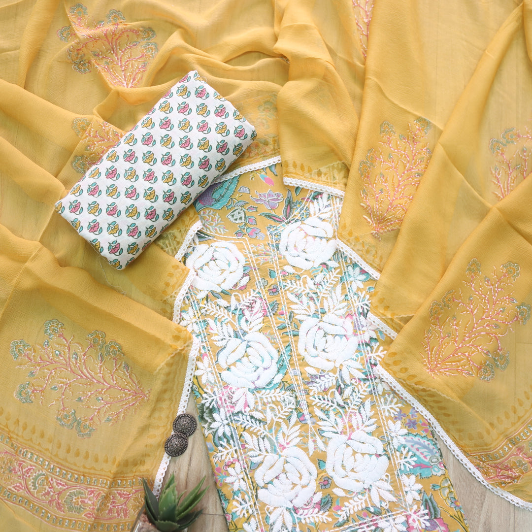 Gulbahar Dijon Yellow Thread Work Neck Floral Print Cotton Suit Set
