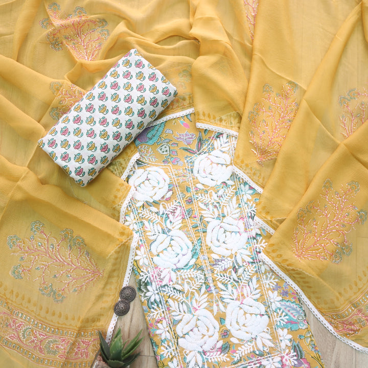 Gulbahar Dijon Yellow Thread Work Neck Floral Print Cotton Suit Set