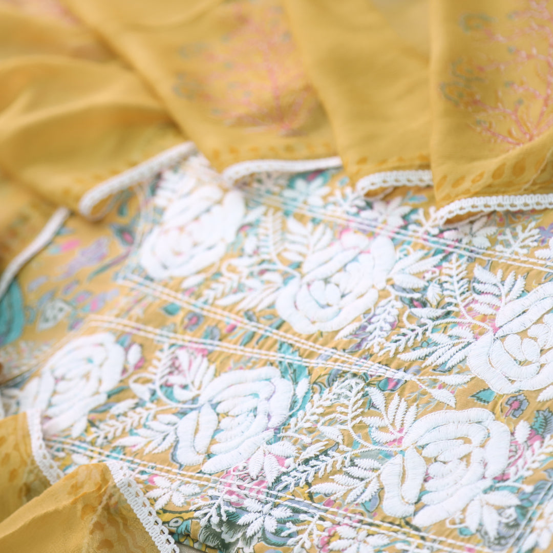 Gulbahar Dijon Yellow Thread Work Neck Floral Print Cotton Suit Set