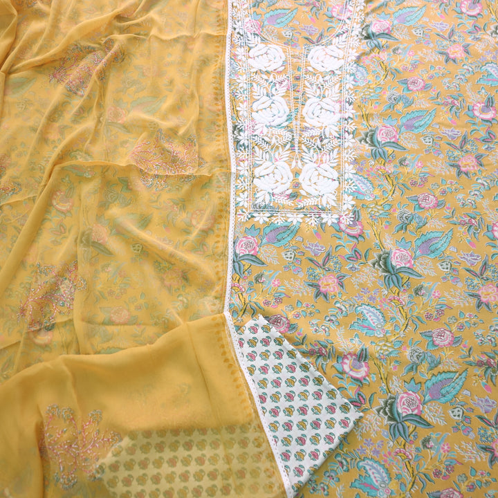 Gulbahar Dijon Yellow Thread Work Neck Floral Print Cotton Suit Set