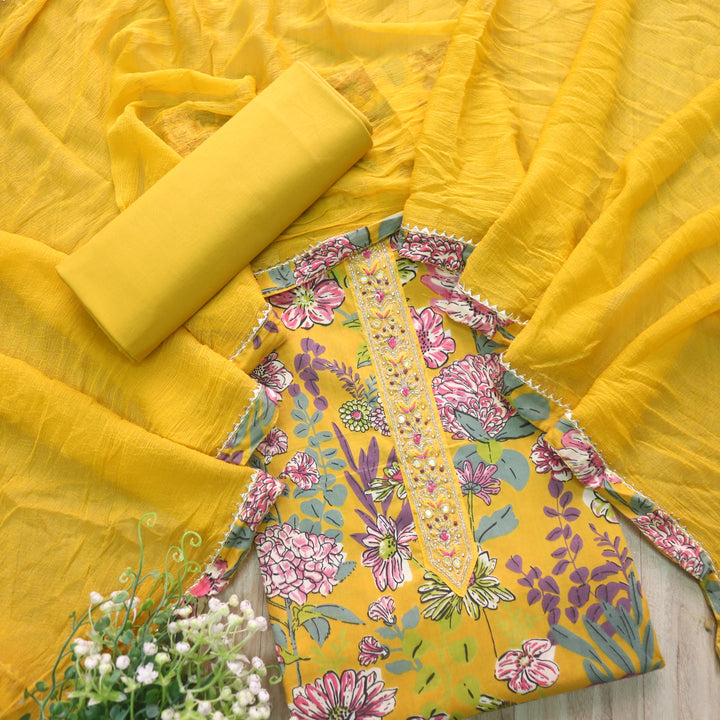 Riwayaat Canary Yellow Lace Work Floral Printed Cotton Suit Set
