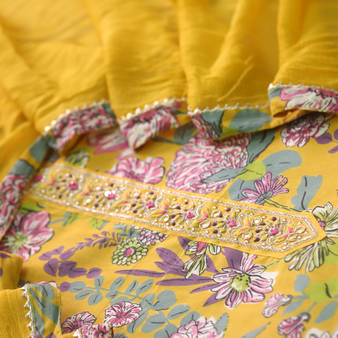 Riwayaat Canary Yellow Lace Work Floral Printed Cotton Suit Set