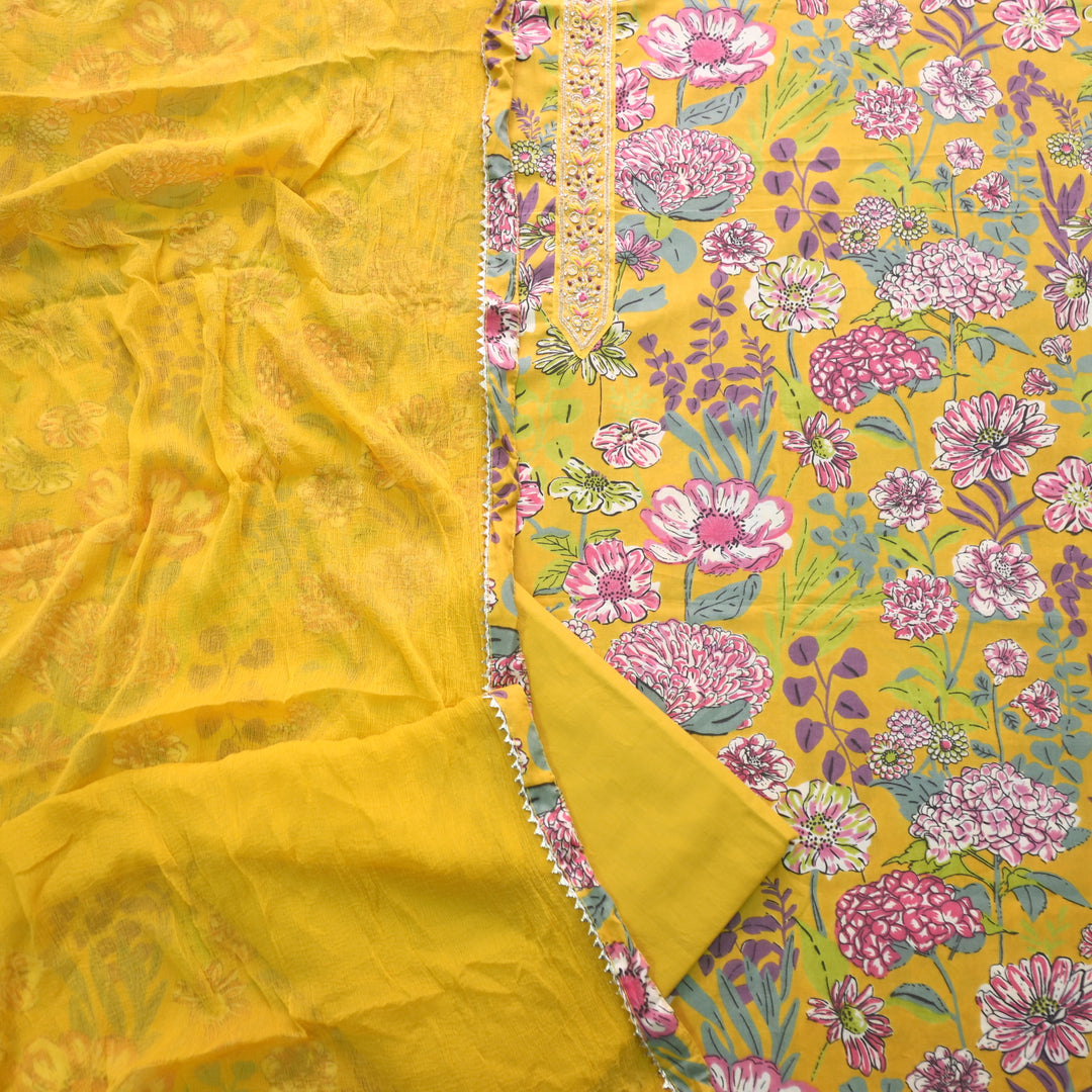 Riwayaat Canary Yellow Lace Work Floral Printed Cotton Suit Set