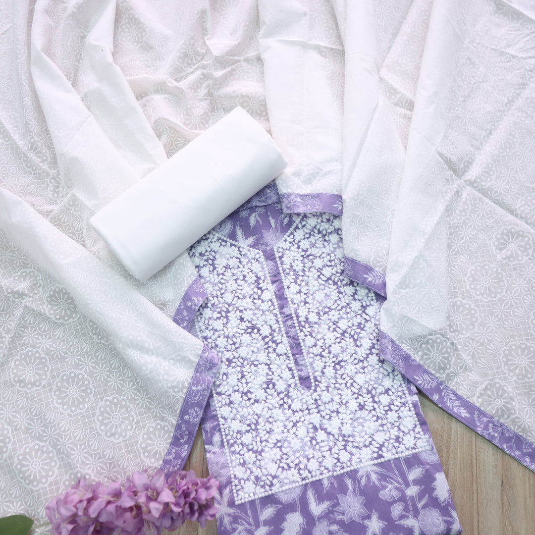 Baseerat Lilac Purple Thread Work Cotton Top with Cotton Dupatta-D3