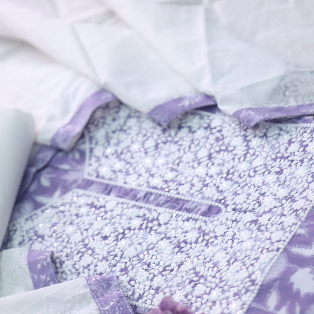 Baseerat Lilac Purple Thread Work Cotton Top with Cotton Dupatta-D3