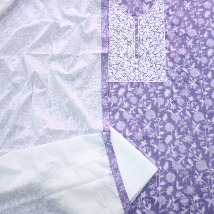 Baseerat Lilac Purple Thread Work Cotton Top with Cotton Dupatta-D3