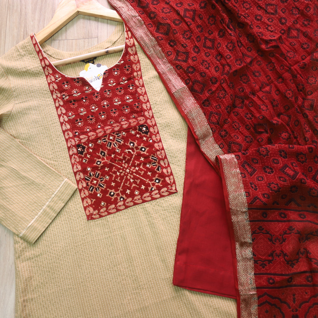 Light Beige Kantha Cotton Top with  Rust Red Ajrak Printed Dupatta 3 Piece Set