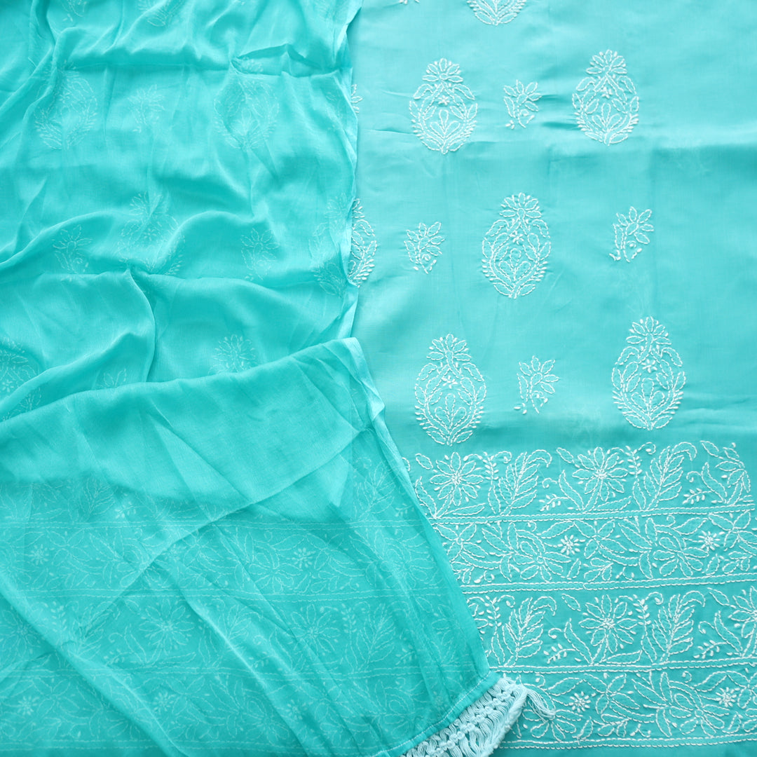 Persian Green Authentic Chikankari Cotton Top with Chiffon Dupatta Set-1