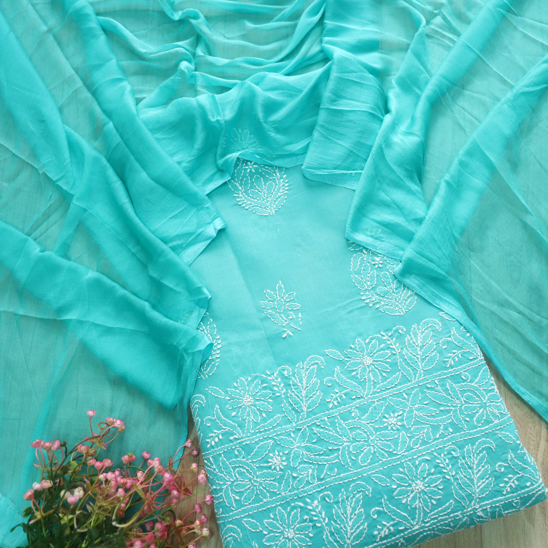 Persian Green Authentic Chikankari Cotton Top with Chiffon Dupatta Set-1