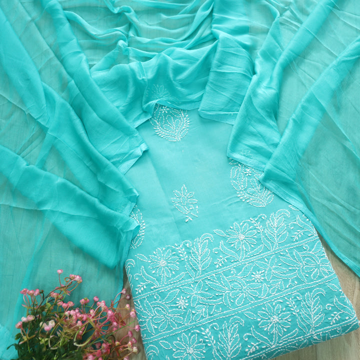 Persian Green Authentic Chikankari Cotton Top with Chiffon Dupatta Set-1