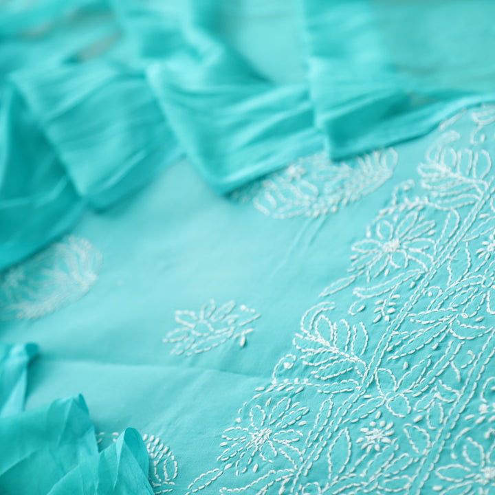 Persian Green Authentic Chikankari Cotton Top with Chiffon Dupatta Set-1