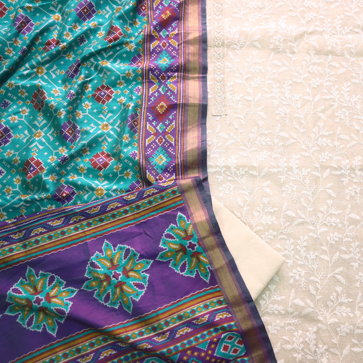 Meharban Brige All Over Thread Work Kota Top with Patola Print Teal Blue Dupatta Set