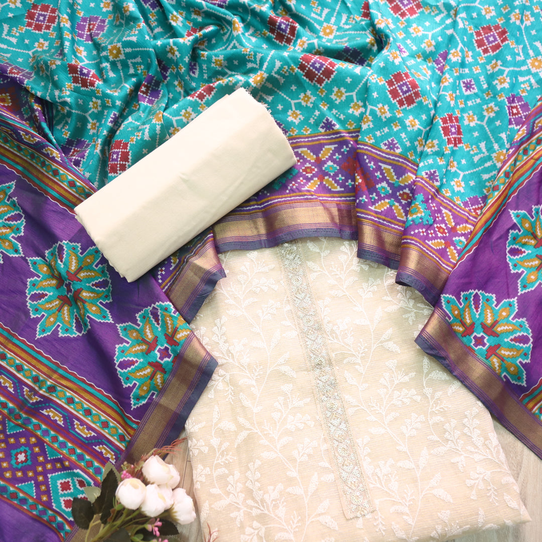 Meharban Brige All Over Thread Work Kota Top with Patola Print Teal Blue Dupatta Set
