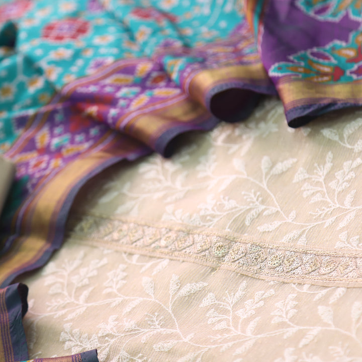 Meharban Brige All Over Thread Work Kota Top with Patola Print Teal Blue Dupatta Set