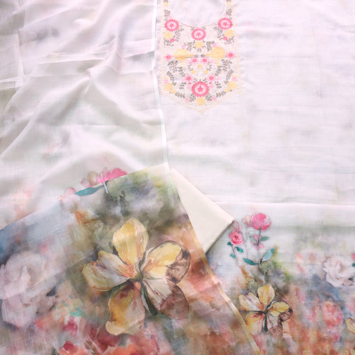 Gulbahar Latte Beige Kashida Inspired Thread Work Cotton Linen Suit Set