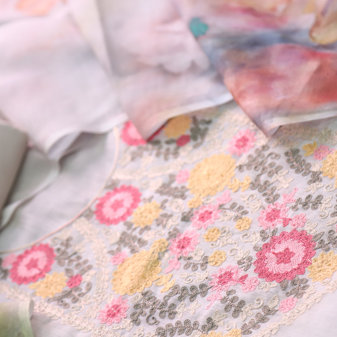 Gulbahar Latte Beige Kashida Inspired Thread Work Cotton Linen Suit Set