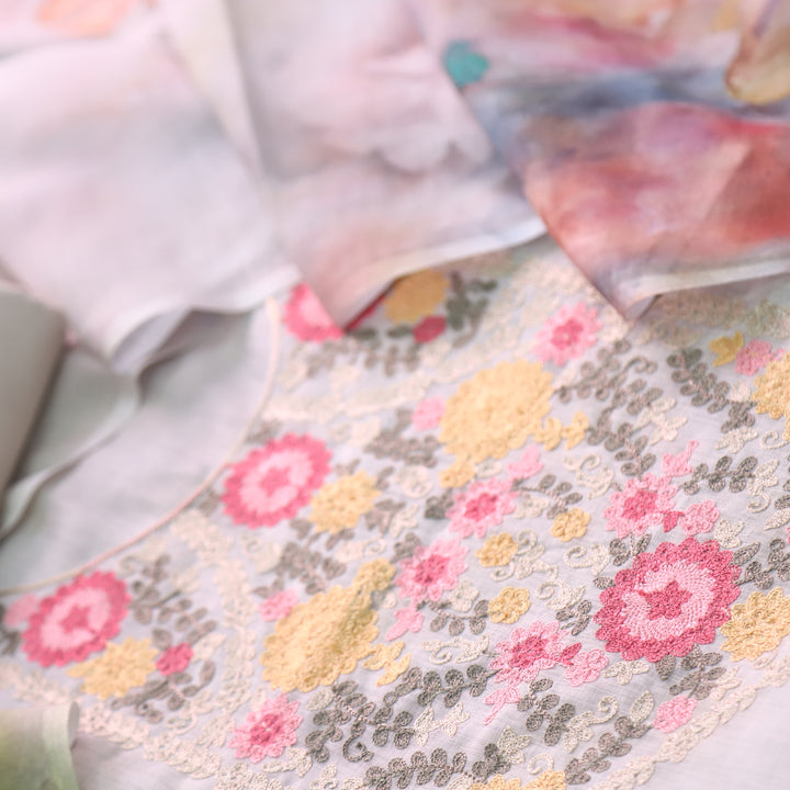 Gulbahar Latte Beige Kashida Inspired Thread Work Cotton Linen Suit Set