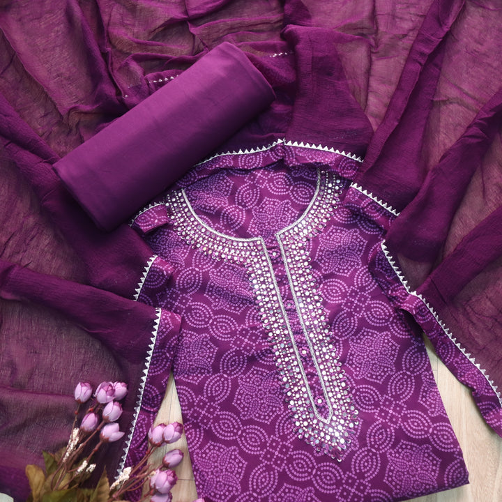 Bandegi Royal Purple Moti Work Neck with Bandhani Printed Cotton Suit Set
