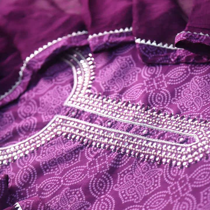 Bandegi Royal Purple Moti Work Neck with Bandhani Printed Cotton Suit Set