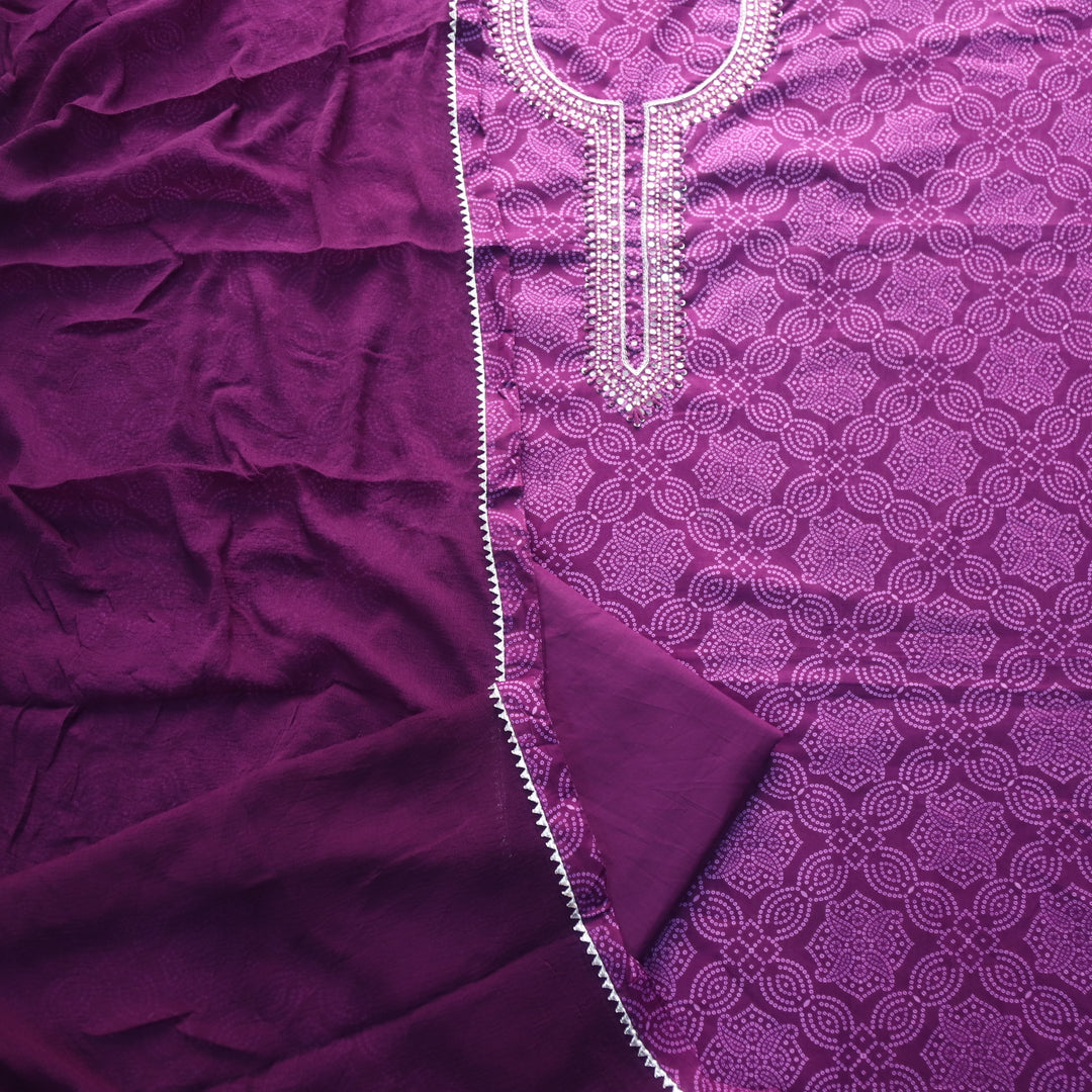 Bandegi Royal Purple Moti Work Neck with Bandhani Printed Cotton Suit Set