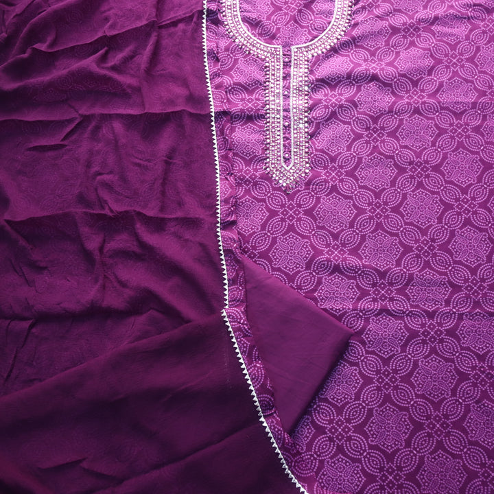 Bandegi Royal Purple Moti Work Neck with Bandhani Printed Cotton Suit Set