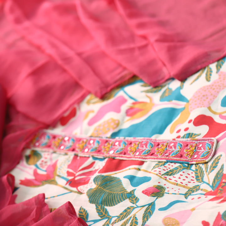 Gulbahar White Base With Colorful Floral Printed Glazed Cotton Suit Set