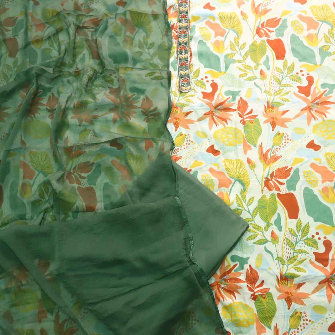 Gulbahar Mint Base With Colorful Floral Printed Glazed Cotton Suit Set