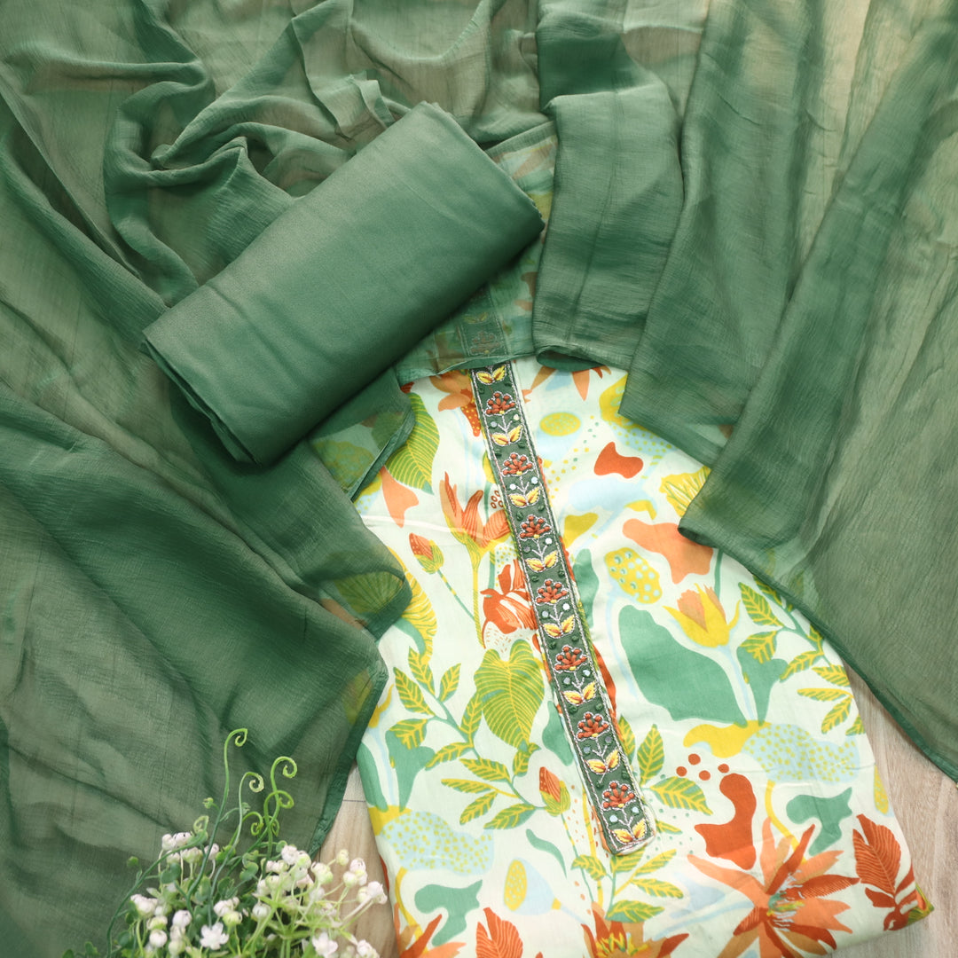 Gulbahar Mint Base With Colorful Floral Printed Glazed Cotton Suit Set