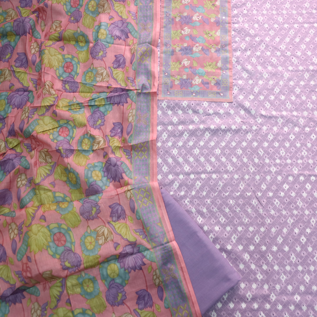 Sarkaare Orchid Purple Floral Print Patch Schiffli Work Print Cotton Suit Set D1