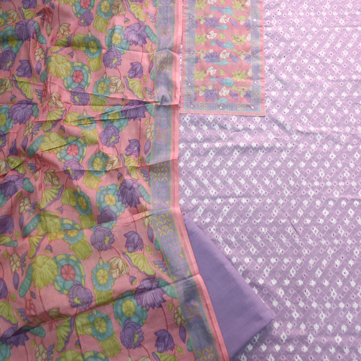 Sarkaare Orchid Purple Floral Print Patch Schiffli Work Print Cotton Suit Set D1