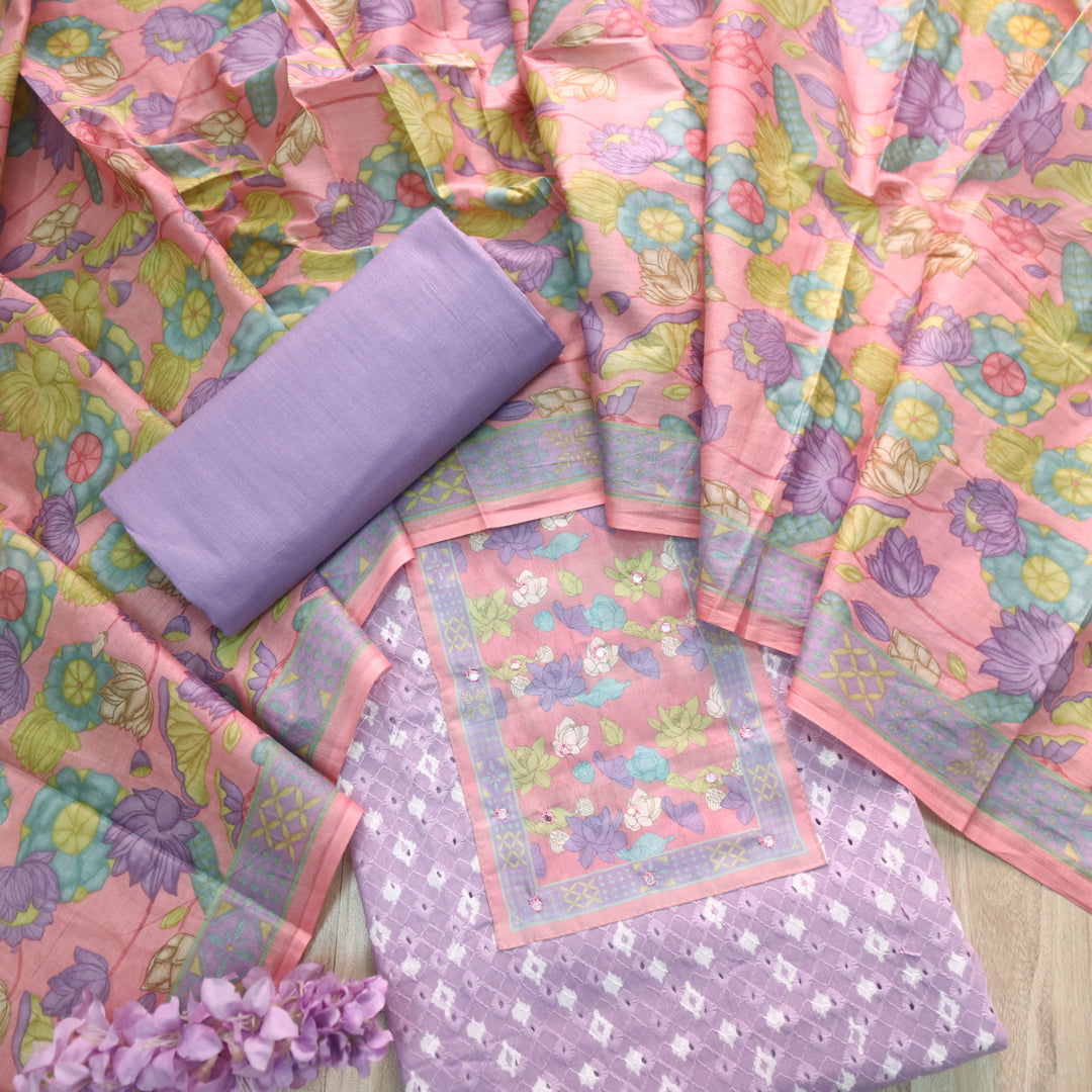 Sarkaare Orchid Purple Floral Print Patch Schiffli Work Print Cotton Suit Set D1
