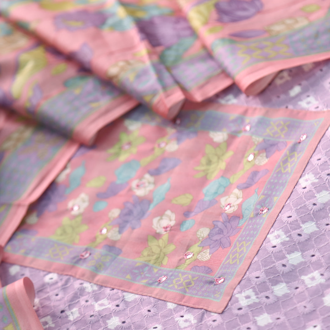 Sarkaare Orchid Purple Floral Print Patch Schiffli Work Print Cotton Suit Set D1