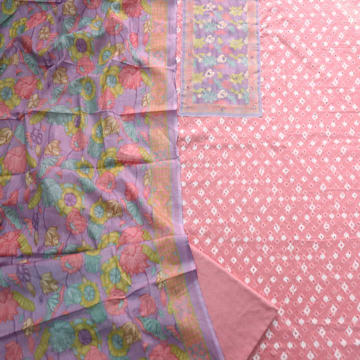 Sarkaare Rose Pink Floral Print Patch Schiffli Work Print Cotton Suit Set D1