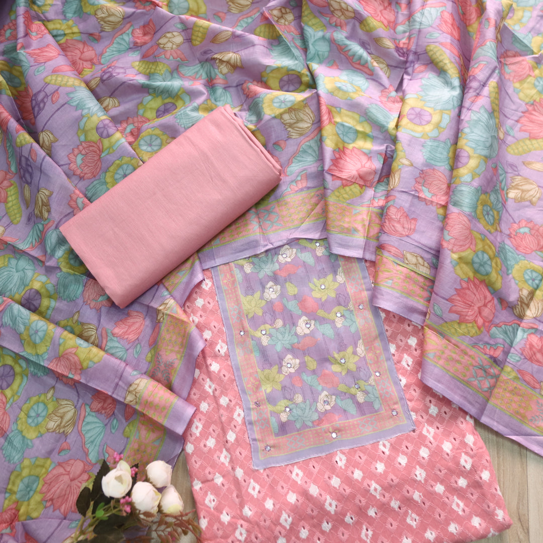 Sarkaare Rose Pink Floral Print Patch Schiffli Work Print Cotton Suit Set D1