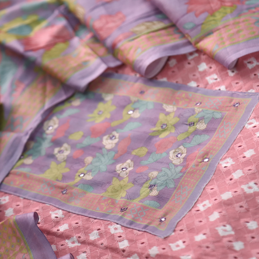 Sarkaare Rose Pink Floral Print Patch Schiffli Work Print Cotton Suit Set D1