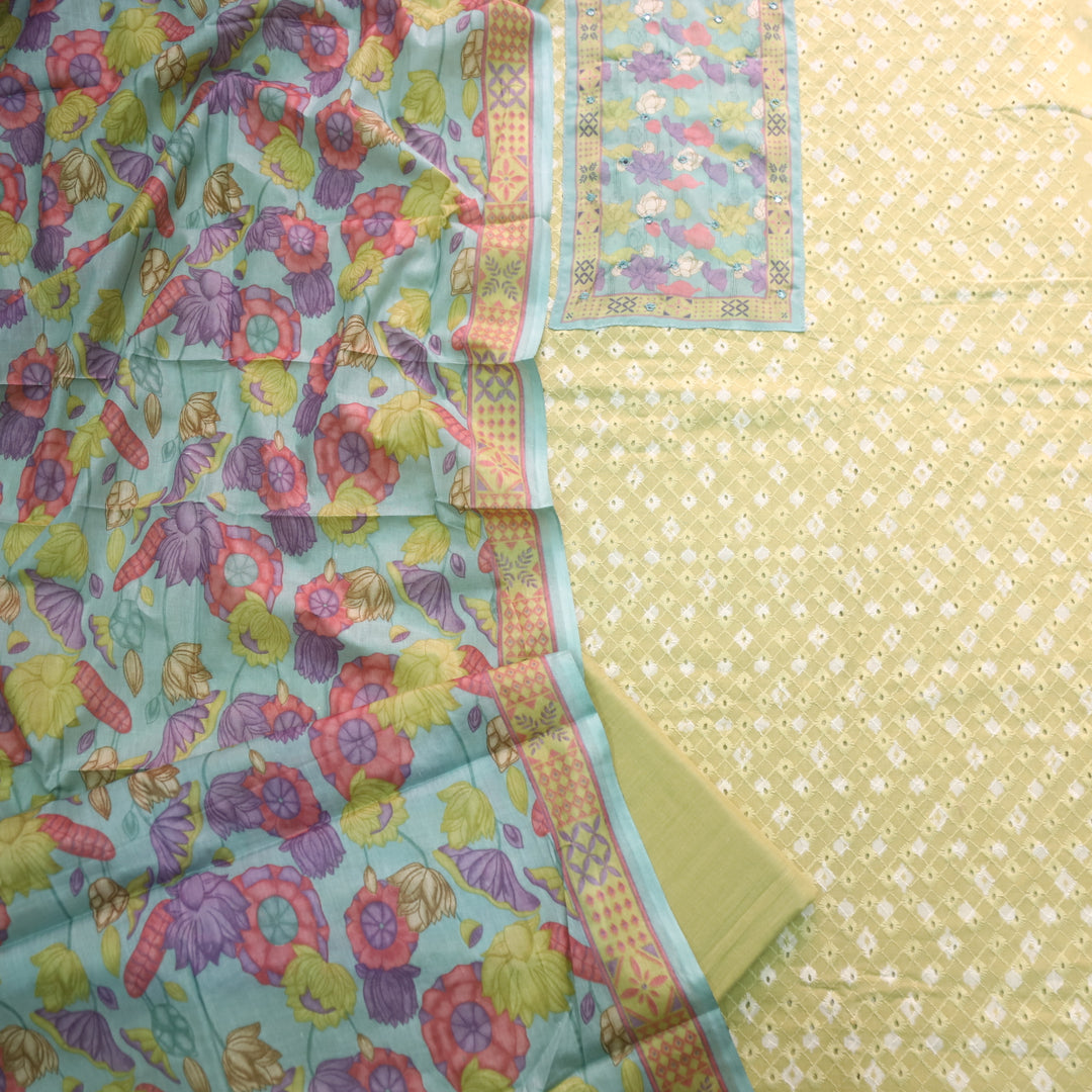 Sarkaare Lemon Yellow Floral Print Patch Schiffli Work Print Cotton Suit Set D1