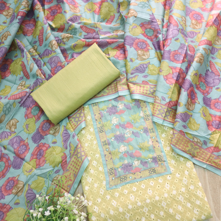 Sarkaare Lemon Yellow Floral Print Patch Schiffli Work Print Cotton Suit Set D1